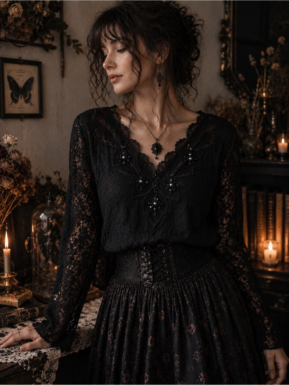 Vintage Black Lace Top Goth Whimsigoth Victorian Romantic Sheer Witchy Boho Vamp